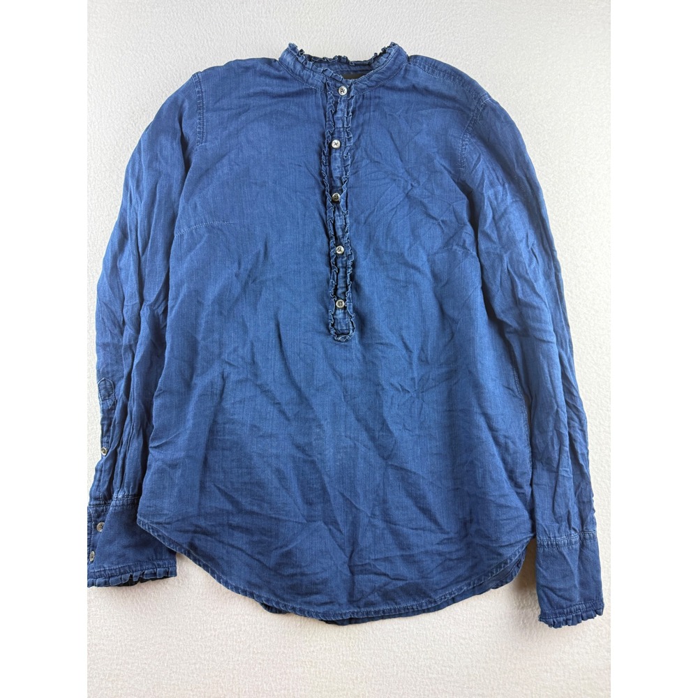 J.Crew Womens Blue Ruffle Trim Chambray Cotton Henley Shirt Size 2 Indigo